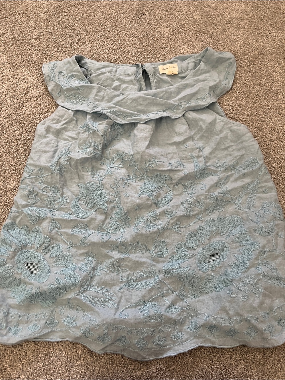 Anthropologie Meadow Rue Light Blue Embroidered Ruffle Neck Linen Top 4 S